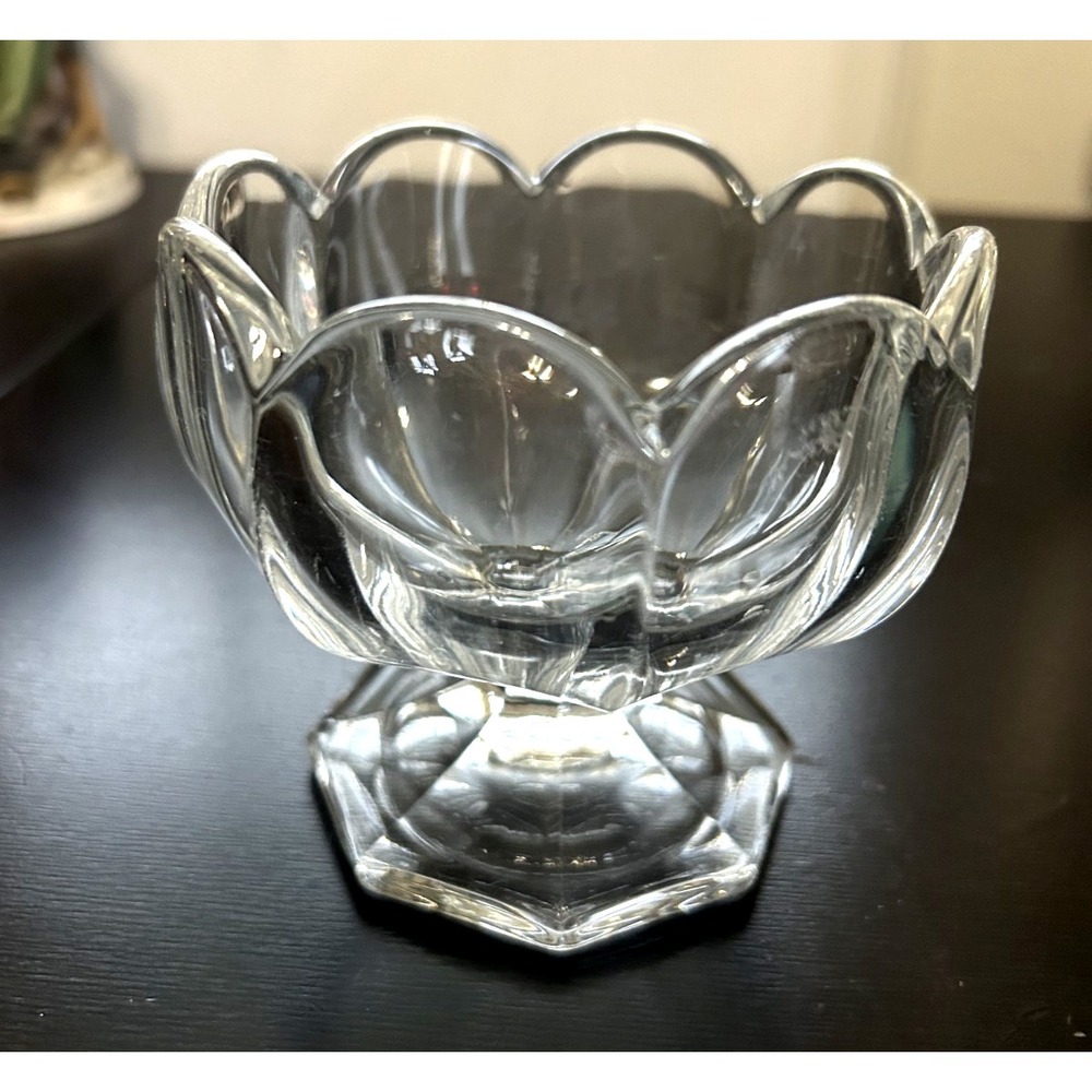 Vintage Clear Glass Floral Pedestal Compote Bowl Scalloped Rim Footed Dish